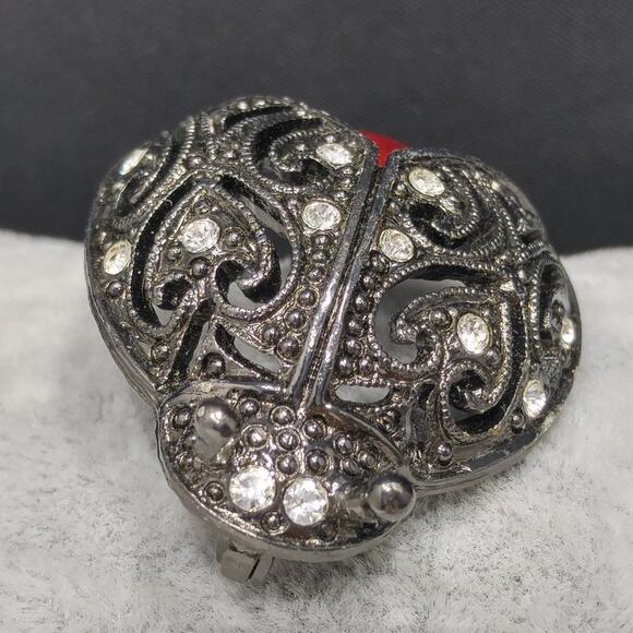 1928 Company Lady Bug Brooch, Red Enamel, Clear Rhinestones, Gunmetal Gray Pin - Picture 5 of 10